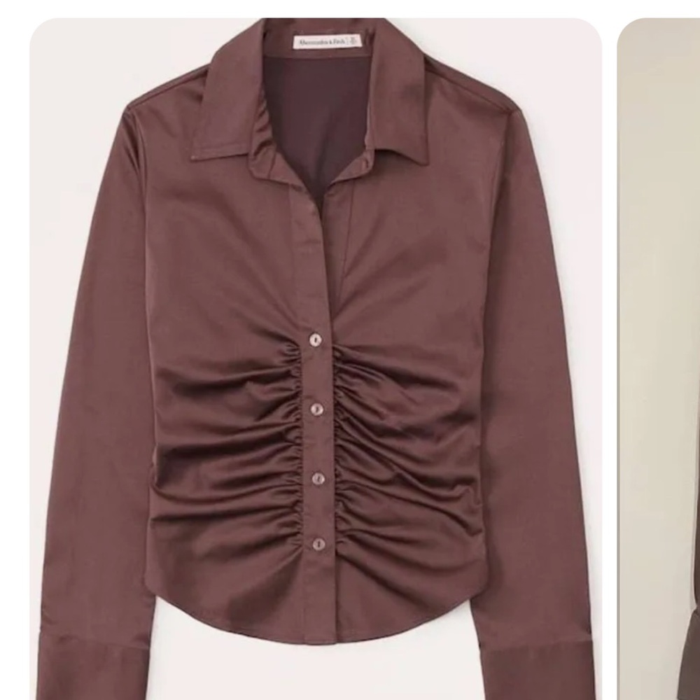 Abercrombie & Fitch Chocolate Satin Ruched Button Down Top